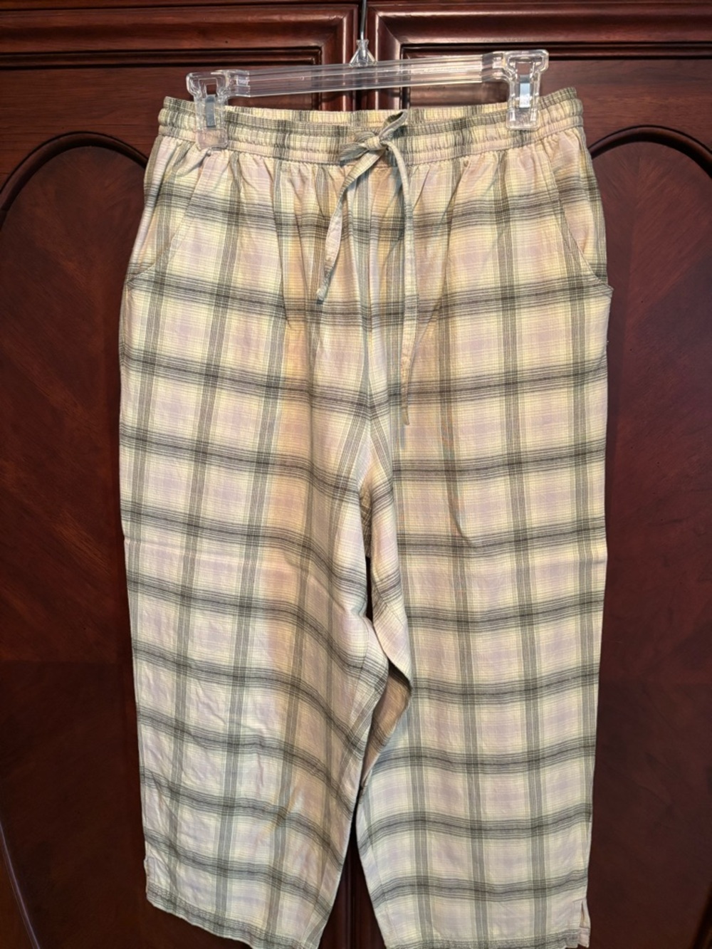 Plaid Drawstring Capri Pants in multiple shades of green